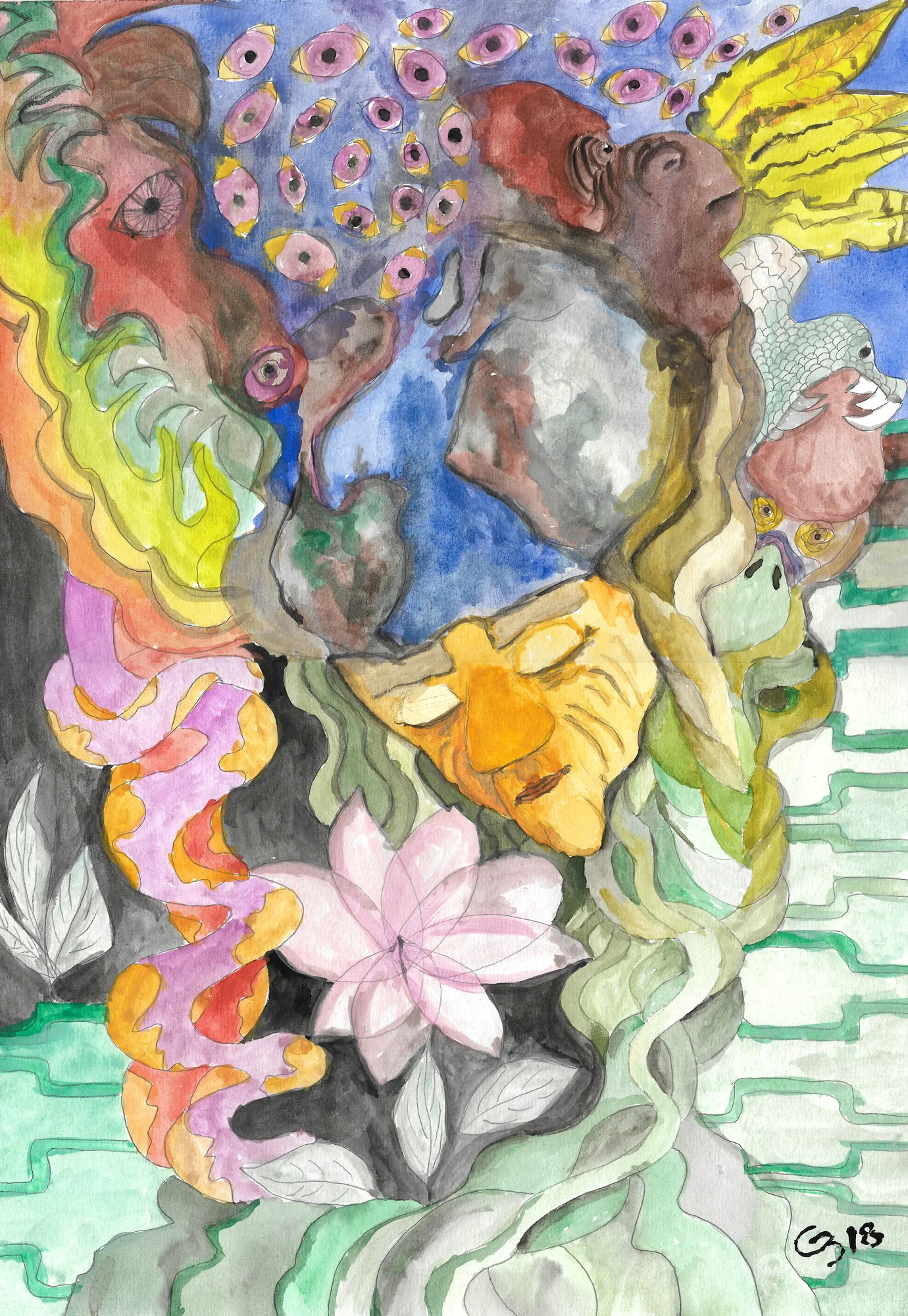 Ilustração vertical em aquarela com figuras humanas, animais, olhos, plantas e formas orgânicas sobre fundo azul.