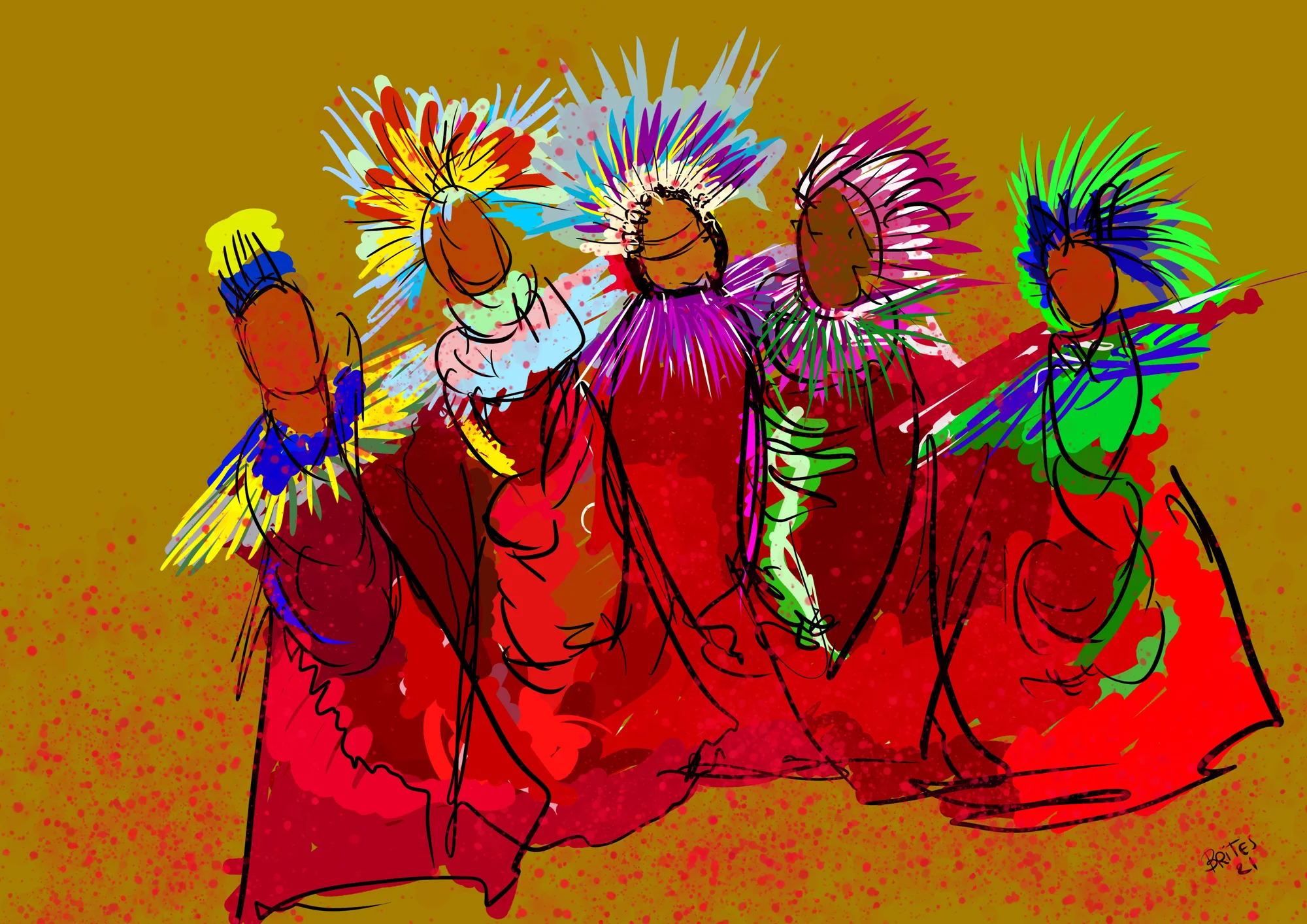 Ilustração horizontal de um grupo de figuras humanas em vermelho, com traços gestuais e cocares multicoloridos.