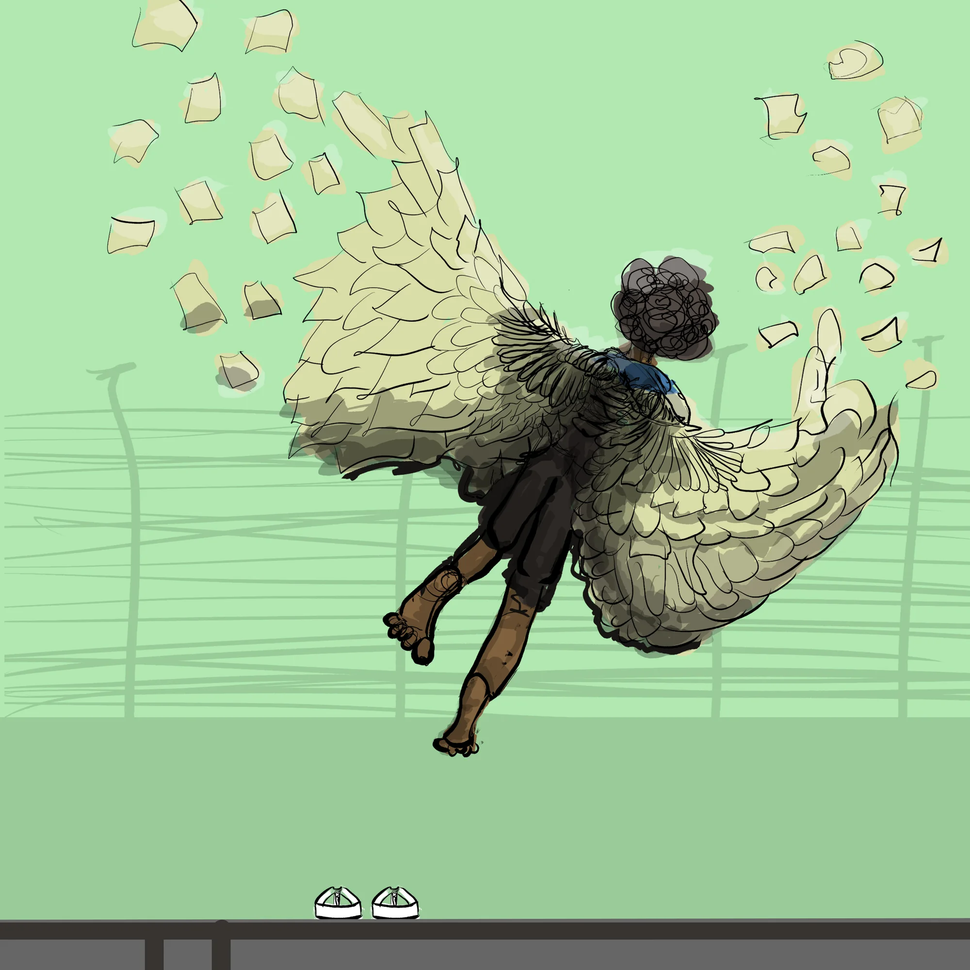 Ilustração de uma figura negra vista de costas em movimento de voo, com grandes asas e folhas de papel dispersas.
